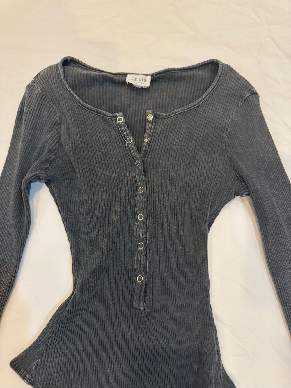 Ribbed Long Sleeve Snap-Front Bodysuit in Washed Black - Picture 3 of 3